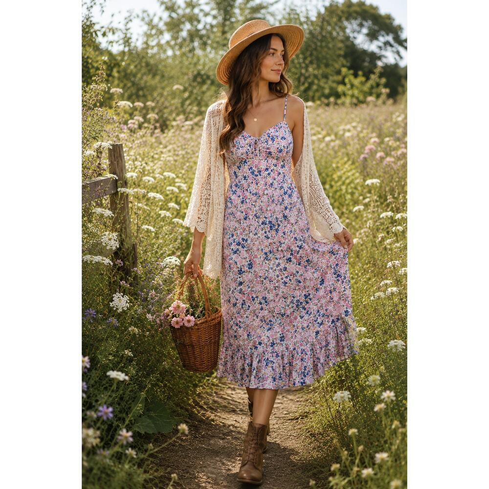 Wallflower Floral Cottagecore Midi Dress Womens Large Pink Blue Smocked Back NWT